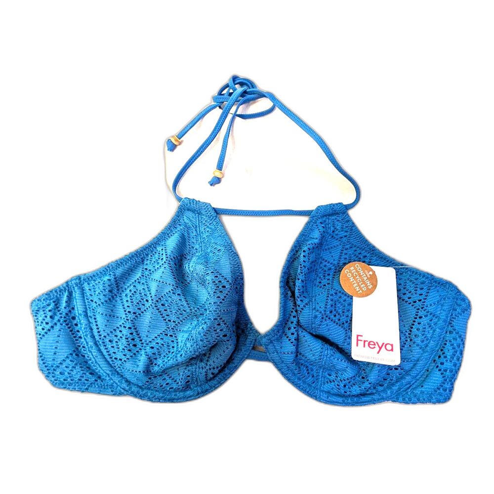 NWT Freya Nomad Nights Underwire Halter Bikini Top Size 30G Blue Fishnet Beach